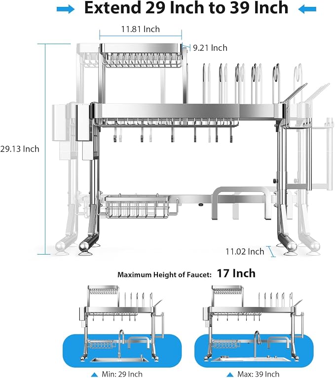 Over Sink Dish Drying Rack, Upgrade 2.5-Tier 304 Stainless Steel Dish Rack Adjustable Length with Pots and Pans Rack, Modern Over The Sink Dish Drainer Rack for Kitchen Storage Counter Organizer