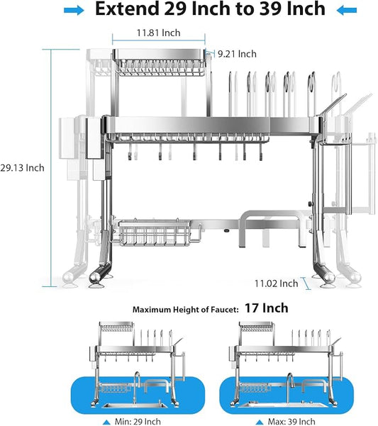 Over Sink Dish Drying Rack, Upgrade 2.5-Tier 304 Stainless Steel Dish Rack Adjustable Length with Pots and Pans Rack, Modern Over The Sink Dish Drainer Rack for Kitchen Storage Counter Organizer
