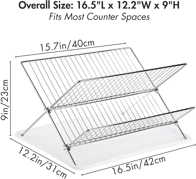 Youeon Foldable Dish Drying Rack with Drip Tray, Stainless Steel 2 Tier Dish Drainer Rack, Collapsible Dish Drainer, Folding Dish Rack for Kitchen Sink, Countertop, Cutlery, Plates, Dishes