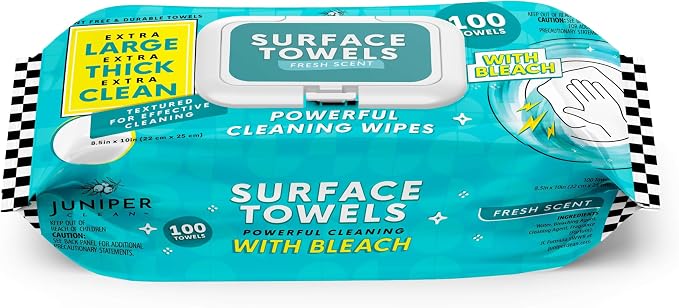 Juniper CLEAN Single Surface Wipes with Bleach, Thick & Large Dispose, All-Purpose Cleaner for Bathroom, Kitchen, Office, 100 Count Soft Flow, Biodegradable, Fresh Scent