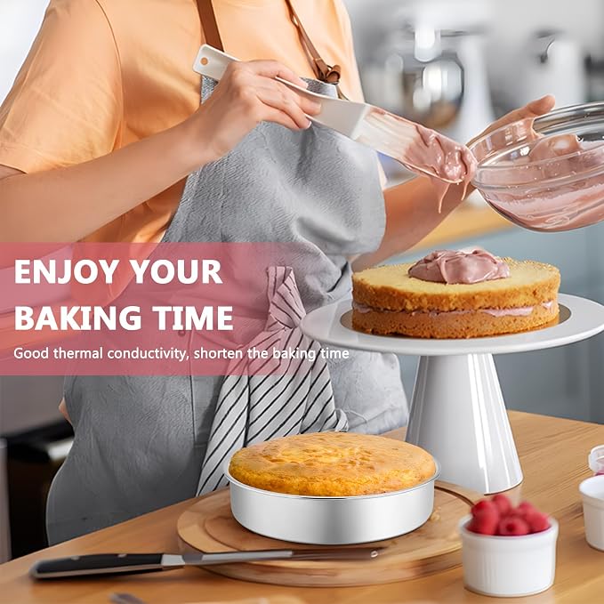 P&P CHEF 8 Inch Cake Pan Set of 4, Stainless Steel Baking Round Cake Pans Tins Bakeware for Birthday Wedding, Leak-proof & Easy Clean, Mirror Finish & Easy Releasing