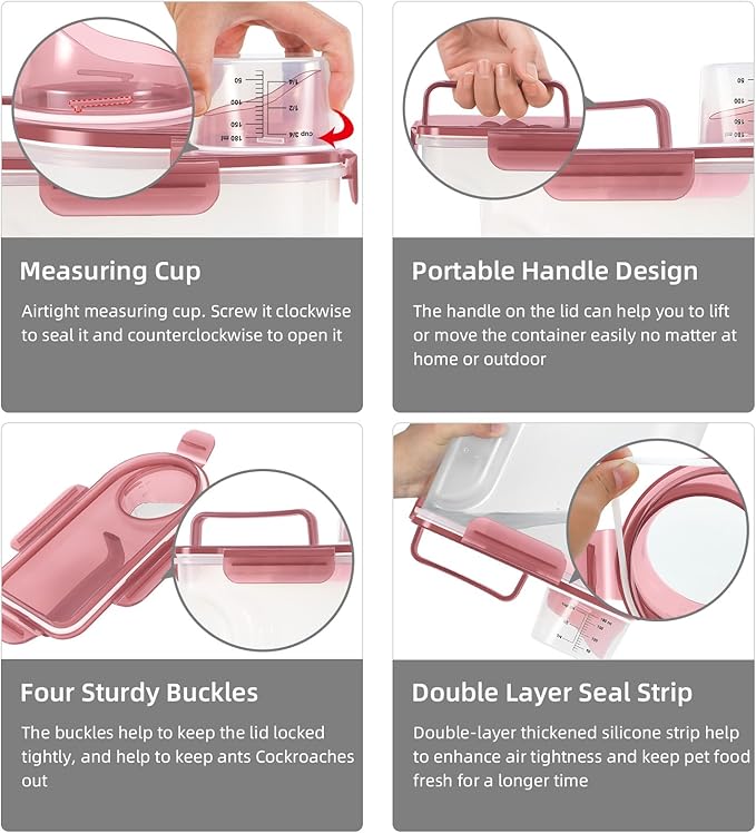 LEAWALK 2Pack Cat Dog Food Storage Container Upgraded Large Nozzle BPA-free, 3+5lbs Plastic Pet Food Containers, With 4 Sealed Clasps/1 Measuring Cup/Handle Easy Clean and Carry (Clear Pink)