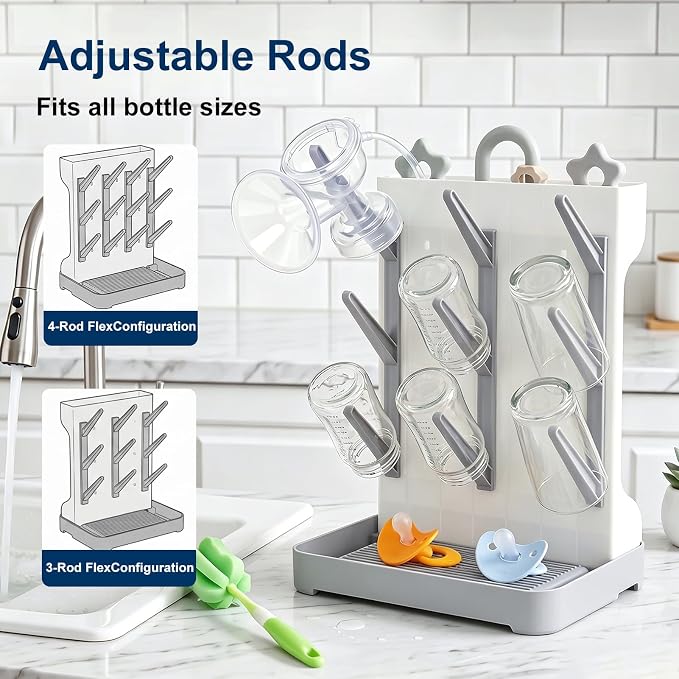 GoMaihe Baby Bottle Drying Rack: Space Saving Vertical Bottle Dryer Holder | Newborn Accessories Storage Stand Organize Brushes Pacifiers on Countertop - BPA-Free - Gray