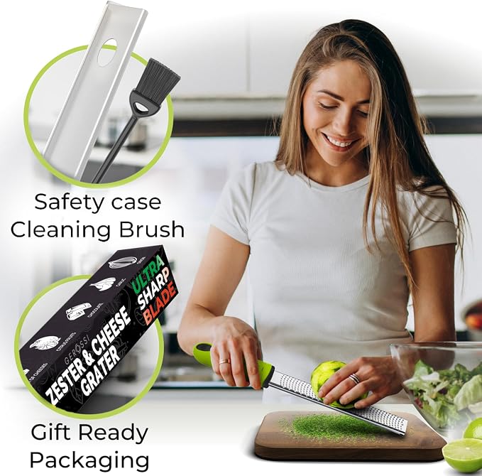 Stainless Steel Cheese Grater & Lemon Zester w/Extra Sharp Blade - Perfect for Lemon, Parmesan, Garlic, Chocolate - Spice Up any Dish in Seconds w/Your Premium Citrus Hand Grater with Handle - Green