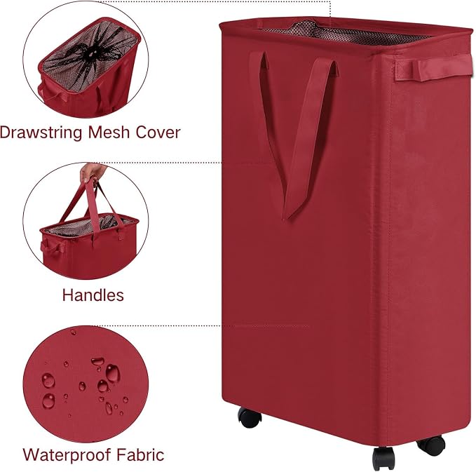 efluky Slim Laundry Hamper with Wheels, Rolling Laundry Basket for Clothes, Small Laundry Basket for Bedroom, Dorm and Laundry Room, 60L (12.7 Gallons) Red