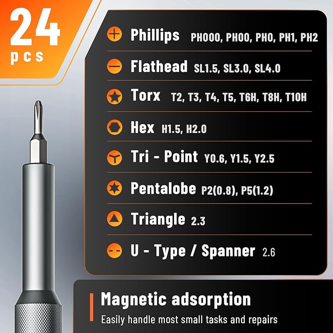 KATERK 25-in-1 Mini Screwdriver Set Precision Small Magnetic Repairs Tool | 24 Magnetic Bits, Resist Wear, Don't Strip Easily, Compact Organized Size, Repair Kit for Glasses, Laptop, iPhone, Watch