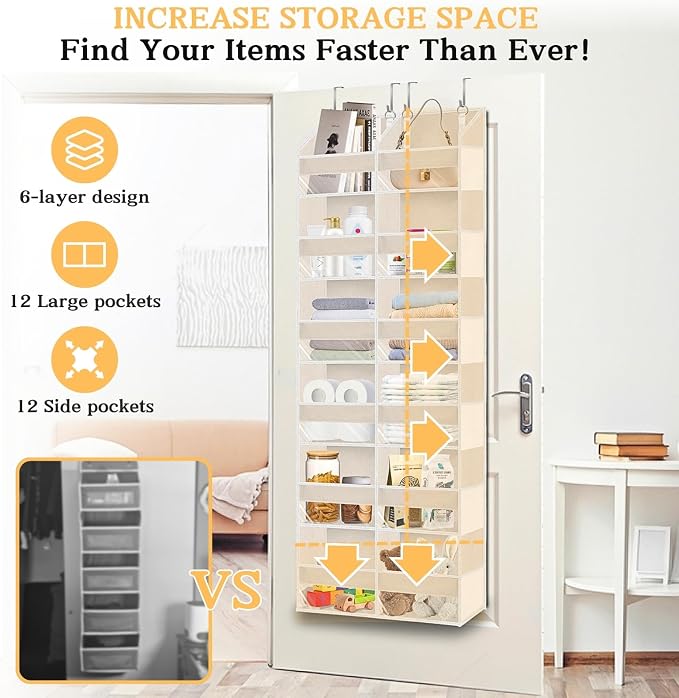 Ofiray-home Over the Door Organizer 6 Tiers, Extra Large Behind Door Storage of 12 Compartments,80 lbs Weight Capacity Hanging Storage Organizer with Clear Window Kids Toys, Shoes, Diapers,Beige
