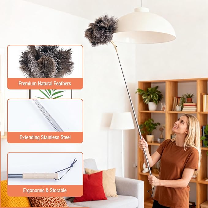 Extendable Ostrich Feather Duster, Natural Ostrich Feathers Long Handle Duster for Cleaning, 47” Soft & Fluffy Feather Duster for High Ceilings, Fans, Walls, Furniture, Home Dusting(A11-Ivory)