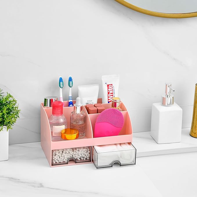 VITVITI Toothbrush Holders for Bathrooms Countertop, 5 Slots Toothpaste Bathroom Counter Sink Organizer with Drawers, Plastic Bathroom Organizer for Vanity/Makeup/Office Pink