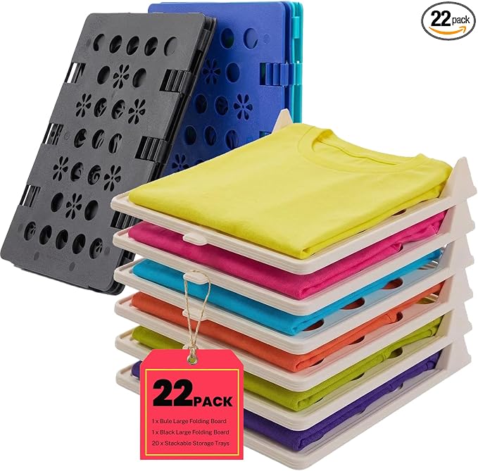 22 Pcs Clothes Organization Set - 2 Large Shirt Folding Board 27" X 23" & 20 Pack Stackable T-Shirt Organizer Trays, Durable Plastic Laundry Folder and Closet Storage System for Shirts, Pants, Towels