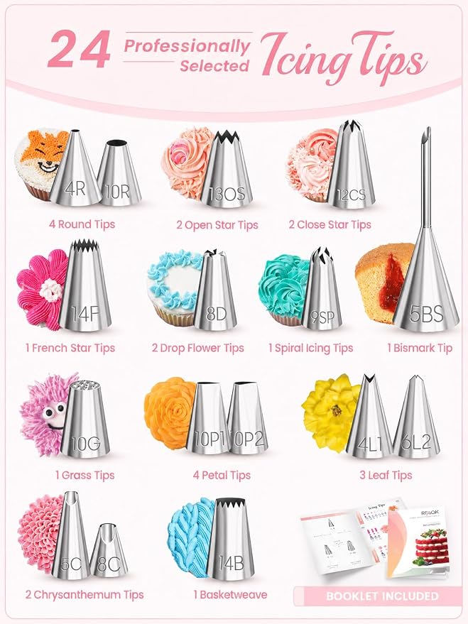 RFAQK 90PCs Cake Decorating Kit with Leveler, Baking Supplies Gift Includes Cake Stand Turntable, 24 Numbered Icing Tips, 55+1 Piping Bags, 2 Frosting Spatulas, 3 Scrappers, Video Course & Booklet