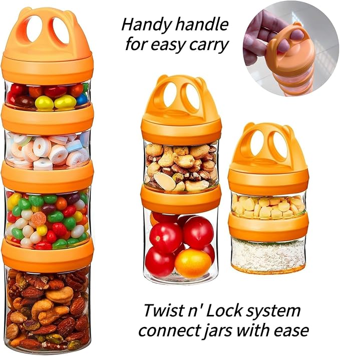 SELEWARE Orange Stackable Snack Containers for Kids Toddlers Adults, 31oz | Portable Food Storage Containers for Snacks Formula Powder Drinks and Travel, Twist Lock System Airtight Leak-proof BPA Free