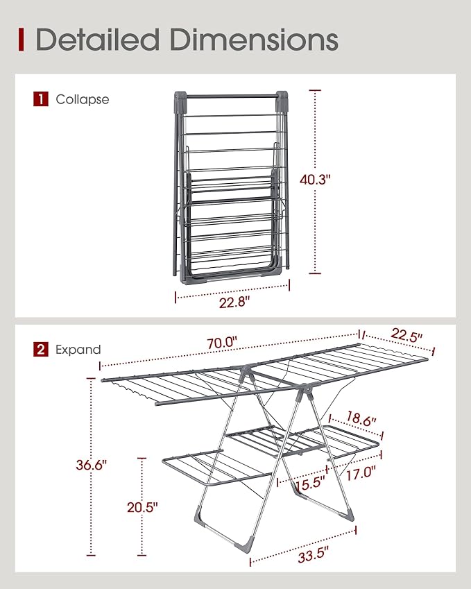 Sakugi Clothes Drying Rack, Foldable 2-Level with 70" Adjustable Wings | Laundry Room, Bedroom, Indoor & Outdoor Use, Height Adjustable, Clothing & Bedding, 70.0" L × 22.8" W, Gray