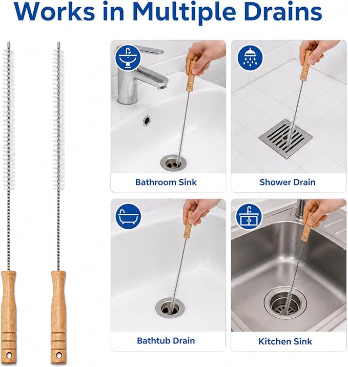 2 Pack Drain Cleaning Brush, 28 Inch Flexible Drain Cleaner Tool with Wooden Handle, Sink Brush with Nylon Bristles for Hair Clogs, Shower, Bathroom Tub, Kitchen Sink, Overflow Hole
