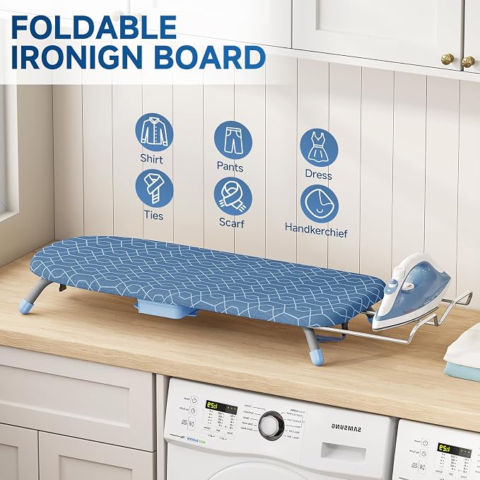 Small Ironing Board, Tabletop Iron Board with Iron Rest & Holder | 12 x 32 inchs, Mini Iron Board with Iron Rest, Non-Slip Feet, Suitable for Laundry Rooms, Bedrooms, Dormitories, Travel