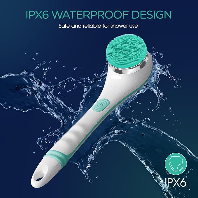 VOYOR Electric Silicone Body Scrubber, Back Scrubber for Shower, Waterproof Long Handle Body Brush, Rechargeable Power Bath Brush for Cleansing, Exfoliating, Massaging Skin BC100 (Blue)