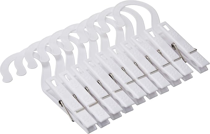 Fox Run Laundry Hooks, Set of 10 Clothing Pin Hooks with Hanging Clips | Easily Hang & Dry Clothes | Great For Arts & Crafts | Plastic Clothespins With Hooks | White Hanging Laundry Clips