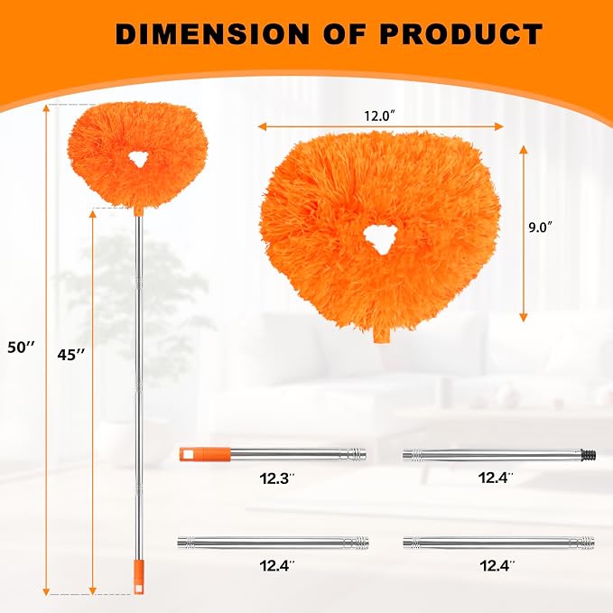 Ceiling Fan Cleaner Duster Reusable Microfiber Ceiling Fan Blade Cleaner Removable Duster with Extension Pole Adjusts 13 to 49.7 Inch for Cleaning Walls Bookshelves Furniture Door Window Top (Orange)