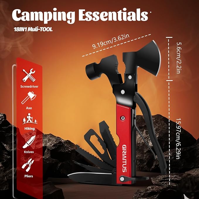 18 in 1 Multitool Camping Accessories Gifts for Men Survival Gear | Camping Multi Tool with Axe Hammer Saw Screwdrivers Pliers Bottle Opener Stocking Stuffers Gifts for Men Dad Him
