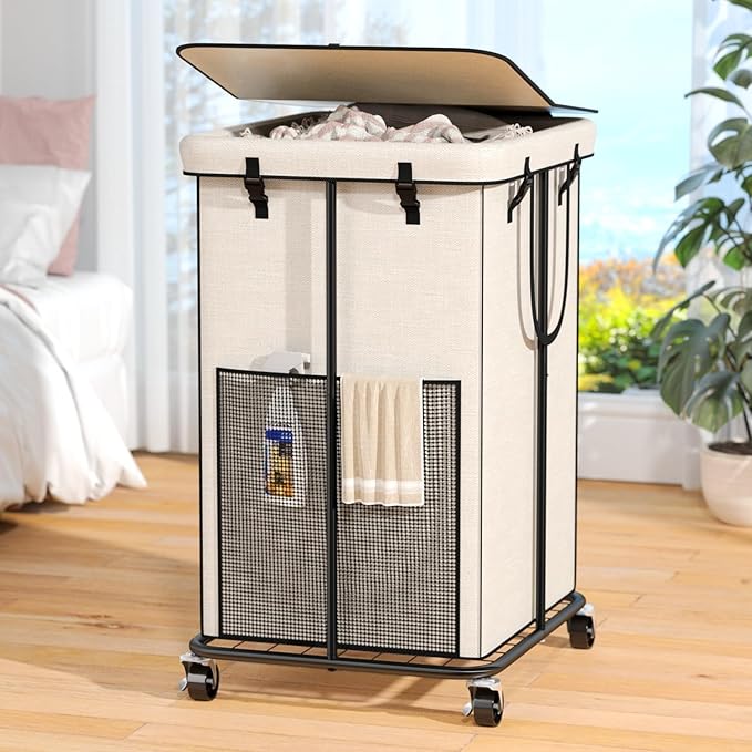 160L Laundry Hamper with Lid & Wheels, Rolling Laundry Basket with Bag | Sturdy Metal Frame | Laundry Bag with Handles| Large & Tall Clothes Hampers for Laundry Room, Bedroom, Dorm, Bathroom-White