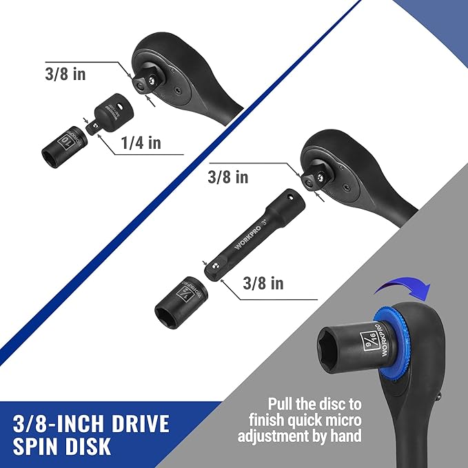 WORKPRO 39PC Drive Black Phosphate Finish CR-V Socket Set(1/4" & 3/8") | Metric & SAE, Quick-Release Ratchet Wrench, Extension Bar, Spinner Handle & Adapter, Compact, Automotive Repair