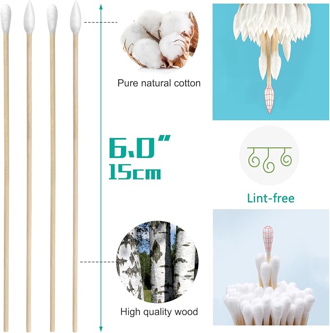 6 Inch Long Cotton Swabs, Pointed or Round Tips for Cleaning | Pointed, Round, and Mixed-Tip Cotton Swab Options with 6 Inch Wooden Handles for Firearm, Electronics, Craft, and Tasks