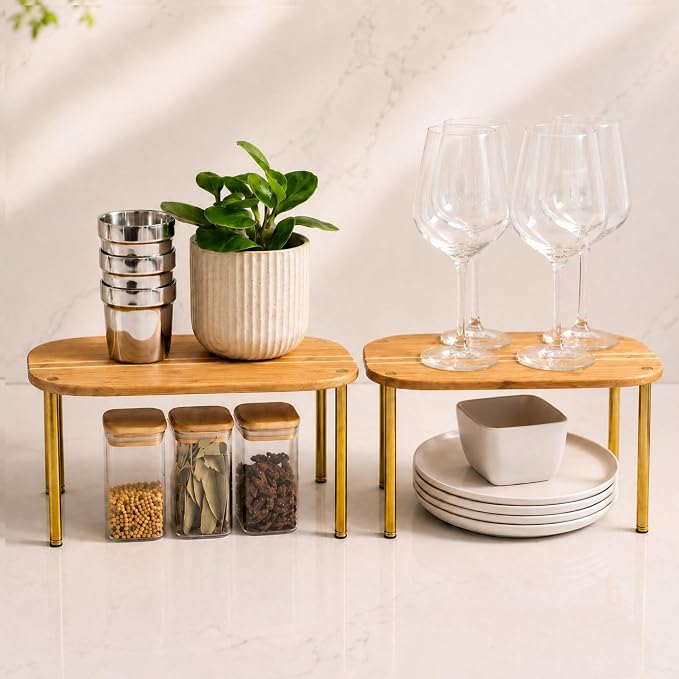 Ibyx Cabinet Organizer Set of 2 - Kitchen Pantry Organizers and Storage with Bamboo Top & Brass-Effect Metal Legs - for Kitchen Counter & Stackable Shelves for Cabinets with 22 lb Capacity - Brown