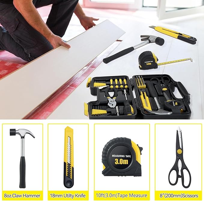 MARTCOLOR 58 Piece Household Tool Set, General Household Hand Tool Kit with Plastic Toolbox Storage Case, All Purpose Household Tool Kit for Home, Garage, Office and College Dormitory Use, Yellow
