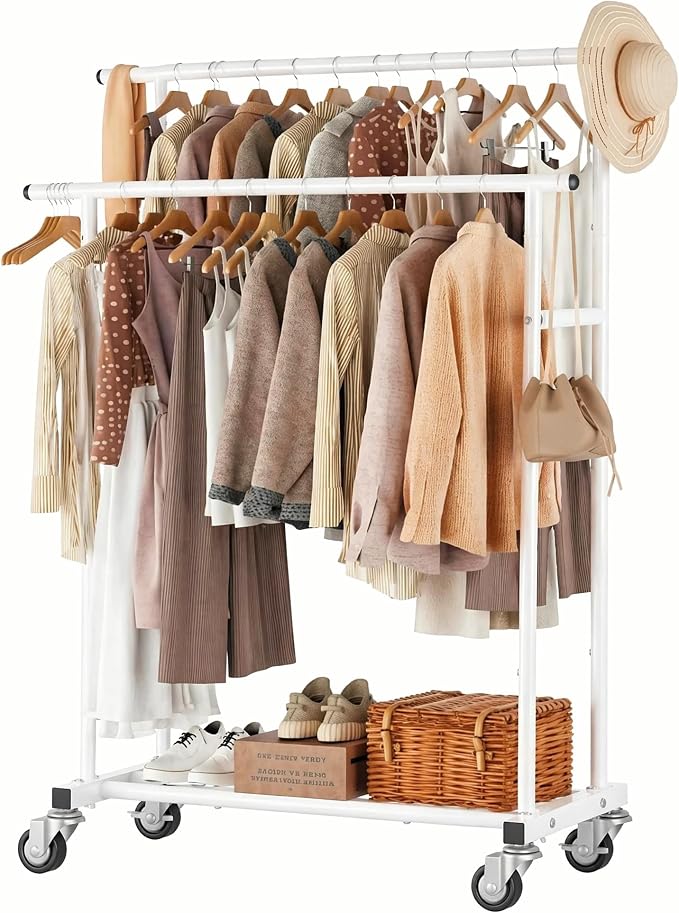 Calmootey Rolling Garment Rack with 2 Rods, Clothes Organizer for Bedroom | High-Low Rods, Two Lockable Wheels, Sturdy Metal Frame, Space-Saving, Fits Laundry, Living Room, White