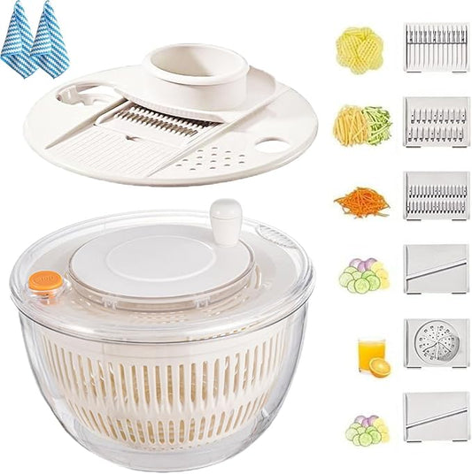 3 in 1 Salad Spinner with Mandoline Slicer, All in One Slicer Bowl, Multifunctional Salad Spinner Small Stainless Steel, Vegetables Wash Bowl, Fruits & Lettuce Dryer with 5 Blade (White)