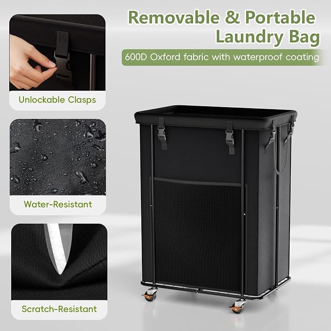 Laundry Hamper with Wheels, 200L Rolling Laundry Basket with Bag & Handles | Sturdy Metal Frame | Removable Bag | Large & Tall Dirty Clothes Hampers for Laundry Room, Bedroom, Dorm, Bathroom-Black