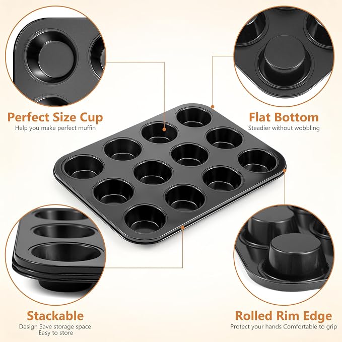 Domensi 4 Pcs Muffin Pan 12 Cup Carbon Steel Cupcake Baking Pan Nonstick Tin Tray for Standard Muffins, Brownie, Tart, Quiche, Heavy Duty Bakeware Set, Oven & Dishwasher Safe