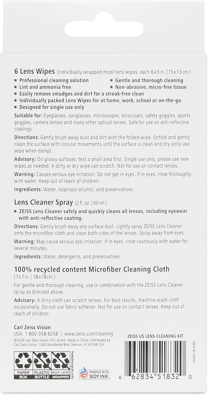 ZEISS Lens Cleaning Kit 2oz Spray + 6 lens wipes + Microfiber Cleaning Cloth