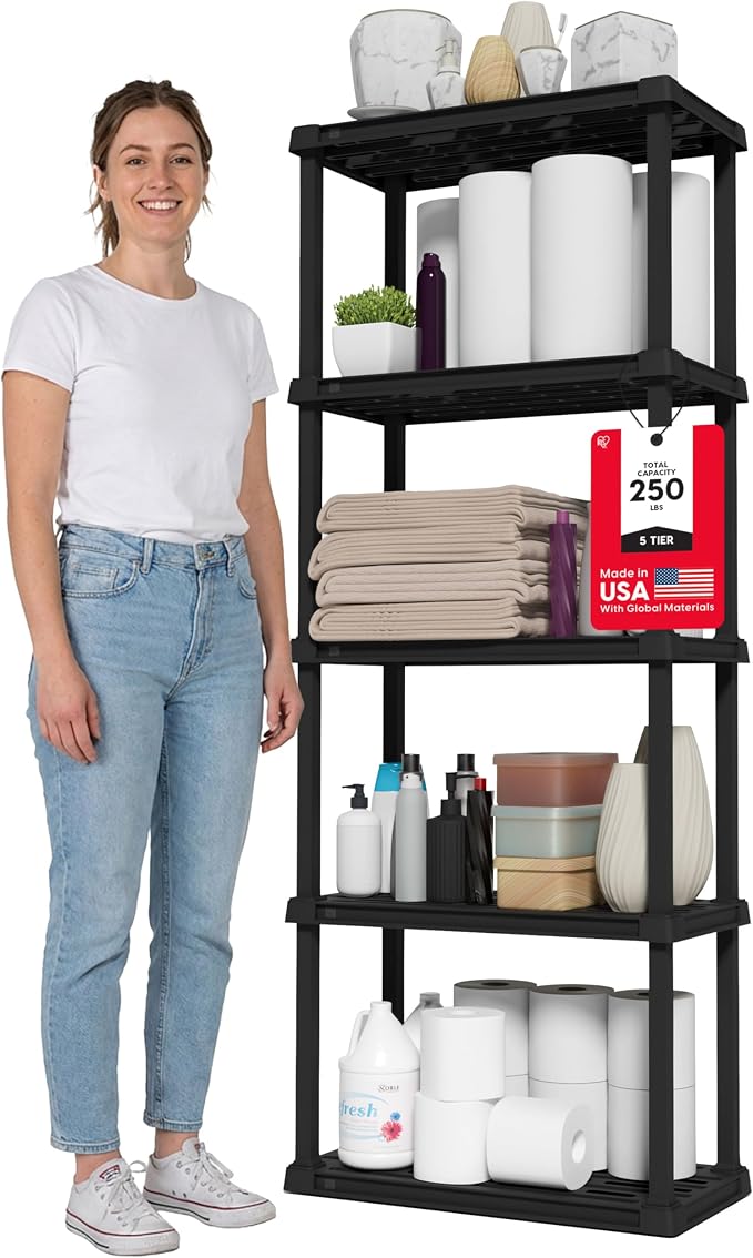 IRIS USA Plastic Storage Shelves |Made in USA| 64"H x 24"W x 12"D - Black | Light Duty Rack Organizer, 250lb Total Capacity, 50lb Per Shelf, Shelving Unit for Bathroom, Laundry, Home & Pantry