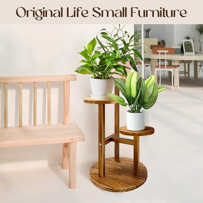 GEEBOBO 3 Tier Plant Stand Indoor, Tiered Wood Plant Stand for Indoor Plants, 21" Height Space Saving Small Corner Plant Shelf, Plant Stands for Tabletop, Balcony, Living Room (Brown)