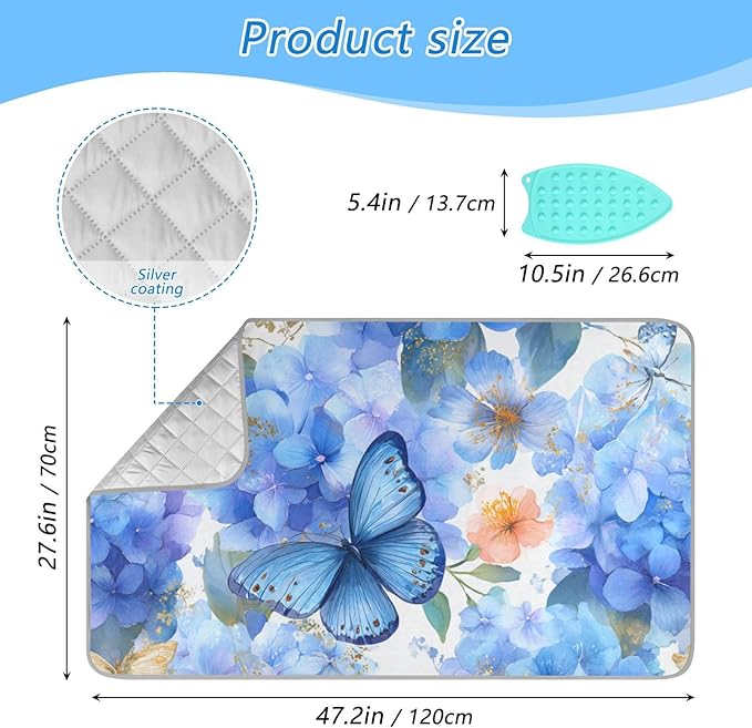Ironing Mat Portable Ironing Pad Blanket with Silicone Iron Rest for Table Top Travel Heat Resistant Double-Side Using Large 47x28 Inch Foldable Watercolor Butterflies Hydrangea Blue