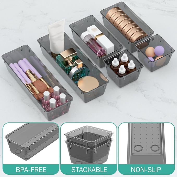 WOWBOX 12 Pack Clear Drawer Organizer Set, Acrylic Drawer Storage Trays, Storage Bins for Makeup, Cosmetics, Jewelries, Utensils, Gadgets, Office, Black