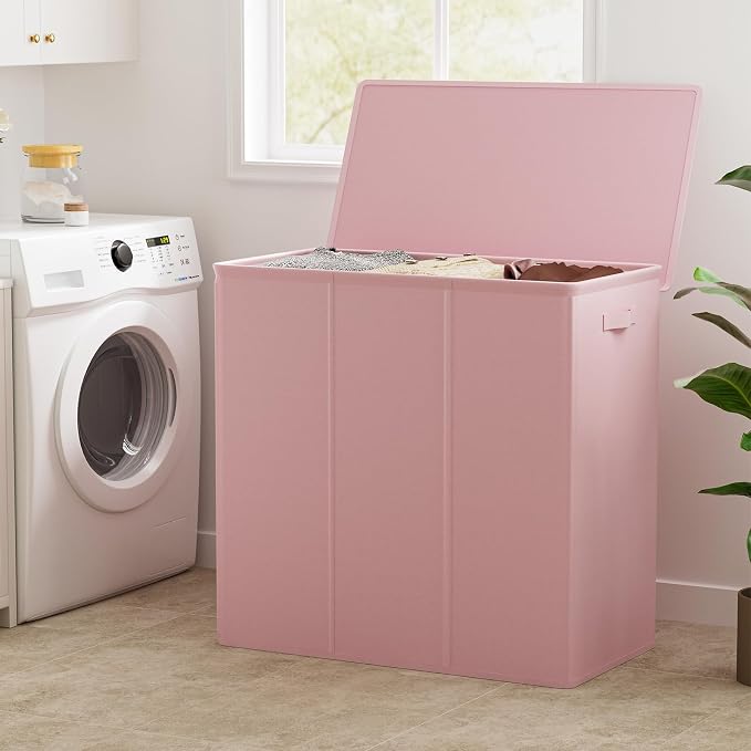 WOWLIVE 180L Laundry Hamper 3 Section, Large Laundry Basket with Lid | Dirty Clothes Hampers with Removable Bags and Handles, Collapsible Laundry Basket Organizer for Dorm Room, College, Pink