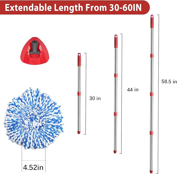 Spin Mop Set Compatible with O Cedar Rinse Clean 2-Tank System, Include 2 Blue Mop Heads Replacements, 1 Base, 1 Mop Handle (30-58in) Combo, Microfiber Spin Mop Replacement Head Replacement