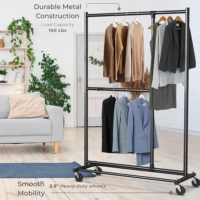 Simple Houseware Dual Bar Adjustable Clothing Garment Rack, 72" H, Black | Extendable Middle Bar from 23" to 42.75 Inches Width