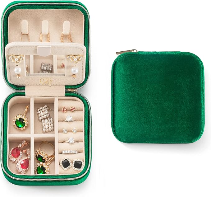 ZPROW Plush Velvet Travel Jewelry Case, Organizer, Box, Small Case for Women, Earring Organizer with Mirror, Best Gifts For Daughter, Girlfriend, Mom - Emerald Green