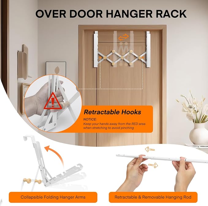 FYY Over the Door Drying Rack, Foldable with 7 Hooks for Laundry Bathroom | Heavy Duty Metal, Adjustable Width, Hanging Towels Clothes, Space-Saving for Dorm Bedroom, Fits Doors up to 1.65"