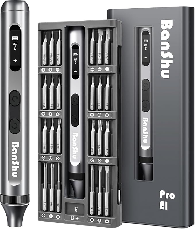 Banshu Electric Screwdriver, 52 in 1 Mini Electric Screwdriver Set with Metal Case, S2 Precision Bits, LED Light, Small Magnetic Professional Repair Tool Kit for Eyeglasses, Watch, PC, Laptop, Phone