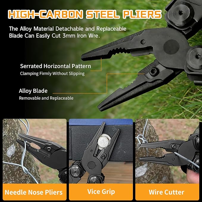 28-in-1 Multitool Pliers with Scissors,Saw, Screwdrivers,Rope Cutters,Can Opener,File,Carrying Pouch,Stainless Steel Pocket Multi-Tool Ideal for Camping Survival Toolkit and Gift for him (Black)