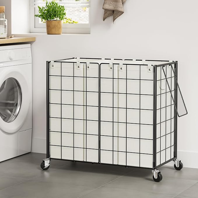 WOWLIVE Laundry Basket 3 Section with Wheels, Metal Rolling Laundry Hamper | Wire Frame Dirty Laundry Organizer with Removable Bags, 150L Clothes Hamper for Dorm Room Storage, College, Black and White