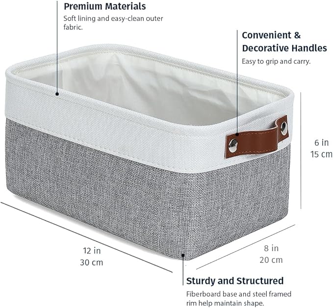 OrganiHaus Small Fabric Storage Baskets 3 Pack, 12x8in Cloth Storage Bins for Shelves, Small Baskets for Organizing Bathroom Pantry Closet, Canvas Shelf Baskets, Gray/Off-White