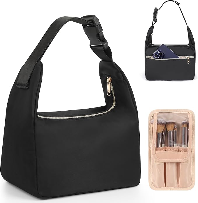 Relavel Portable Makeup Bag for Travel, Separate Makeup Brush Compartment | Cosmetic Shoulder Bag with Removable Buckle, Compact Toiletry Organizer Storage with 3 Small Pockets, Easy to Clean