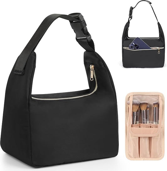 Relavel Portable Makeup Bag for Travel, Separate Makeup Brush Compartment | Cosmetic Shoulder Bag with Removable Buckle, Compact Toiletry Organizer Storage with 3 Small Pockets, Easy to Clean