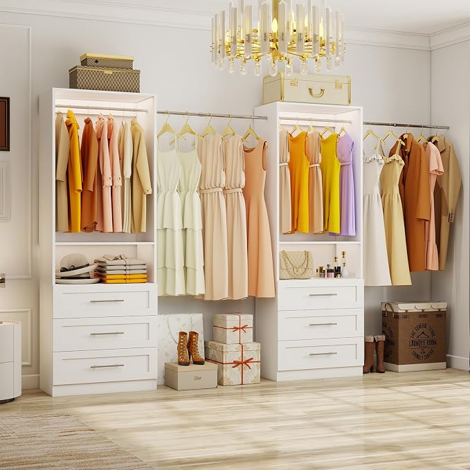 Closet System with 3 Drawers, 2-5FT Custom Closet Organizer System Shelving with 2 Hanging Rods & Shelf, Small Walk-in Closet System Freestanding, Modular Closet Organizer Storage System, White