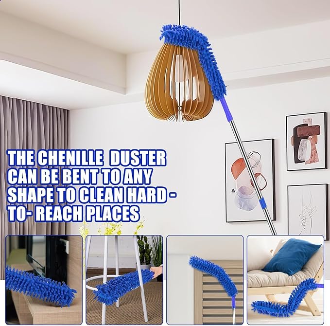 CALBEAU Ceiling Fan Cleaner Duster with 80" Extension Pole | 90° Folding Head; Adjustable 35"-80" Pole; Bendable Washable Chenille, for Ceiling Fan Blade Cleaner, Lamps, Vents